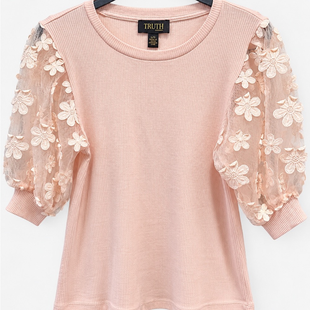 Truth Blush Pink Puff Sleeve Lace Knit Top